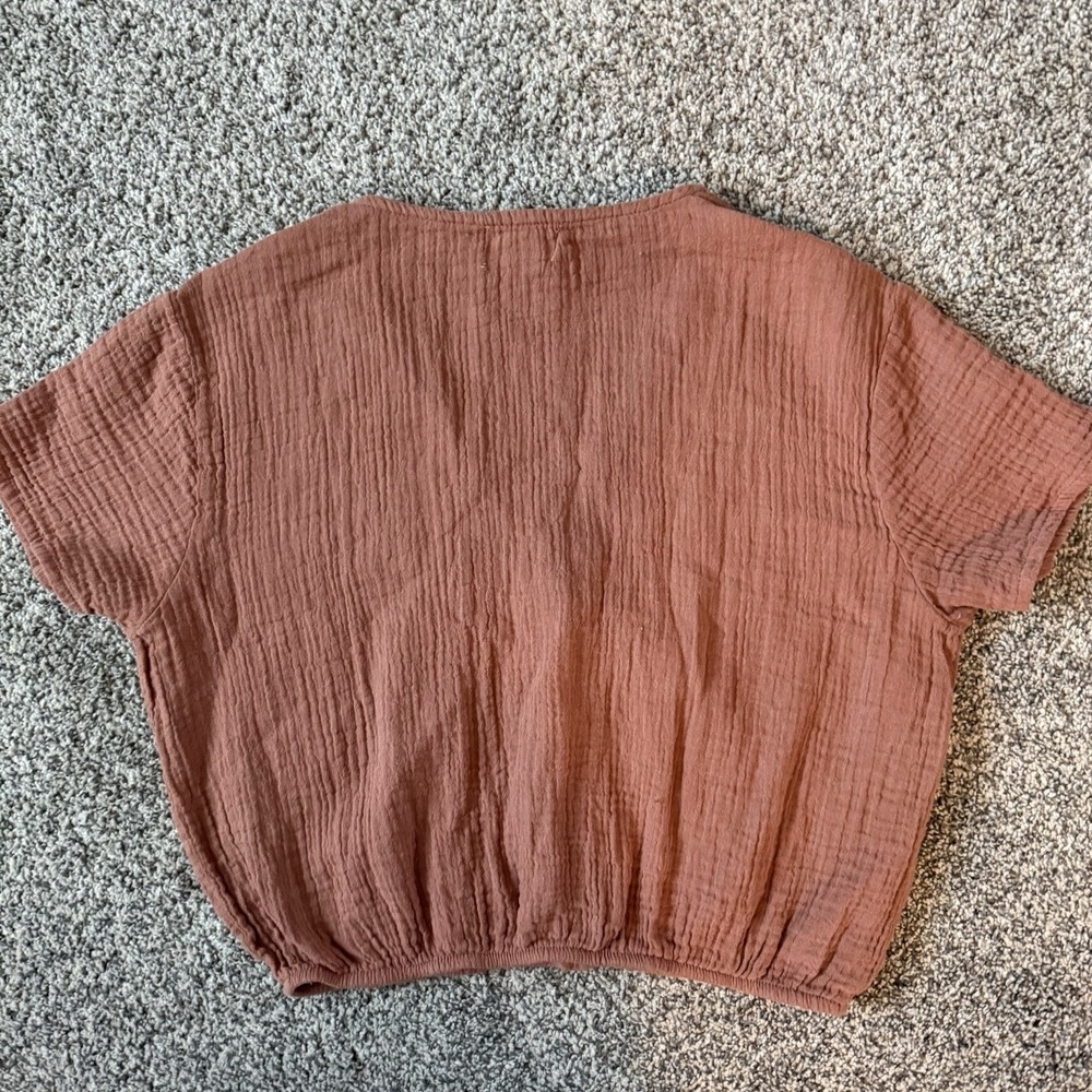 Japna Women's Short sleeve Rust Red Cotton Button Front Crop top Size M - Picture 6 of 6